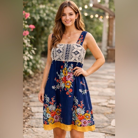 Nick & Mo Dresses & Skirts - Nick & Mo Navy Blue Floral Midi Dress with Lace